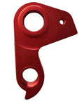 Red aluminum derailleur hanger for mountain and road bikes, heavy-duty construction, wide compatibility across variable speed models.