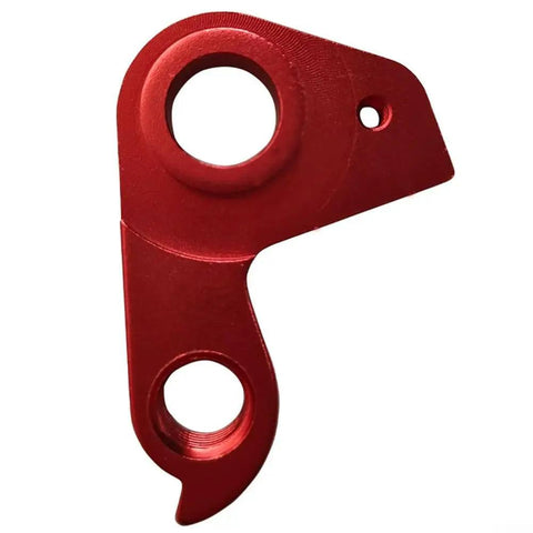 Red aluminum derailleur hanger for mountain and road bikes, heavy-duty construction, wide compatibility across variable speed models.