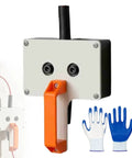 Compact Drill Powered Wire Puller Featuring Slick Conduit Fish Tape Grip with orange handle and gloves for electrical projects.