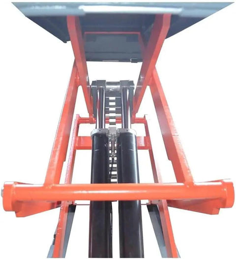 Hella Tough 8000 Lb Portable Scissor Car Lift With 220V Motor And 72 Inch Full Rise Base shown from below, revealing lifting mechanism and structure.