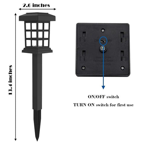 Solar Pathway Lights Outdoor LED Solar Powered Garden Lights for Lawn Patio Yard Walkway and Driveway 12 Pack IP44 Weatherproof Auto On At Night No Wiring Needed Easy Install, with dimensions and switch detail view.