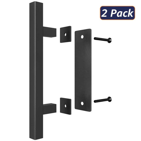 Two Piece 12 Inch Pull And Flush Barn Door Handle Set Large Rustic Two Side Design Black Square Handles For Gates Garages Sheds And Furniture Easy To Install With Included Hardware Durable Metal Construction.