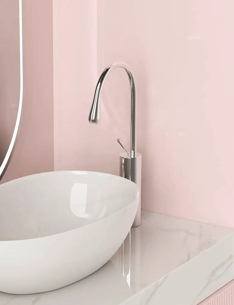 Vessel Sink Chrome Faucet With Single Hole Slick Modern Single Handle Lavatory Faucet Water Drop Faucet Solid Brass Ceramic Cartridge Easy Install Bathroom Faucet FW-FA105 beside white vessel sink