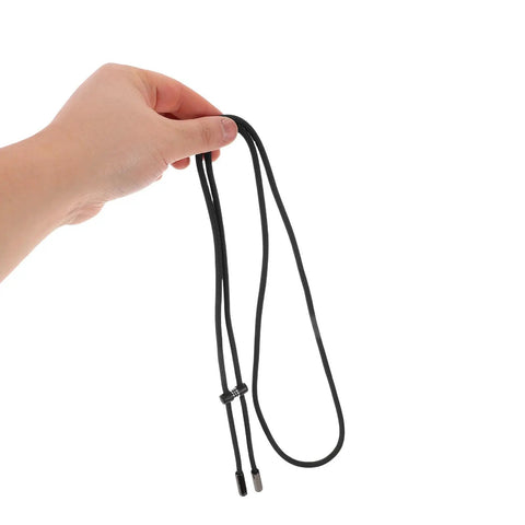 Awesome Adjustable Spring Stopper Drawstring Kit With Plastic Toggles, End Caps, And Threader Tool For Quick Hoodie Repair And Bag Cord Lock Replacement Fixing Pants Waistband Fit Like A Champ. Black drawstring cord with metal tips held by hand