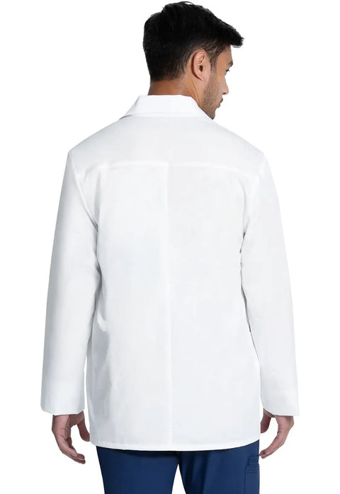 Back view of Men's 30 Inch Lab Coat White Consultation Coat With Durable Mechanical Stretch Fabric, professional medical wear