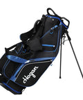 FW 817 Mens Right Hand Golf Club Set bag with stand, black and blue design for easy carrying and storage.