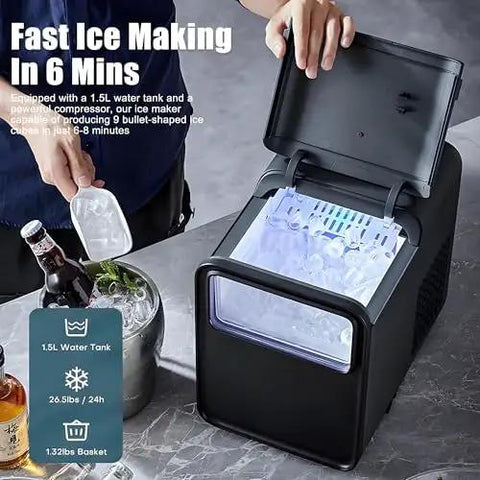 Countertop Ice Maker Delivering Swift Six Minute Bullet Cube Runs And Hefty Daily Yield Built As A Reliable Home Buddy For Party Shindigs And Weekend Hangs To Keep Drinks Crisp And Cold, shown with ice cubes inside.