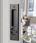Privacy Pocket Door Lock Hardware 6.3 Inch Sliding Barn Door Lock With Keys Concealed Recessed Door Handle installed on a door.