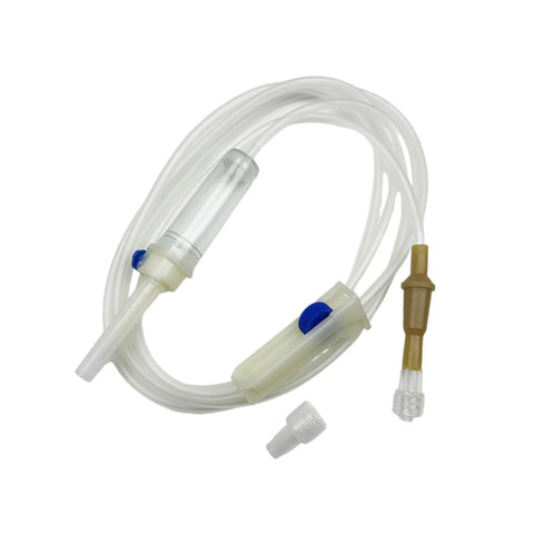 IV extension set with clear drip chamber and tubing, blue knob clamp, brown connector; veterinary use.