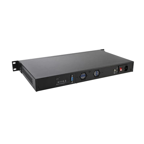Top Shelf 1U Rackmount Firewall Rig With Intel Core I7 13700T, 32Gigs Ram, 512Gig Ssd, six 2.5GbE ports and dual 25GbE SFP28 fiber, rear view.