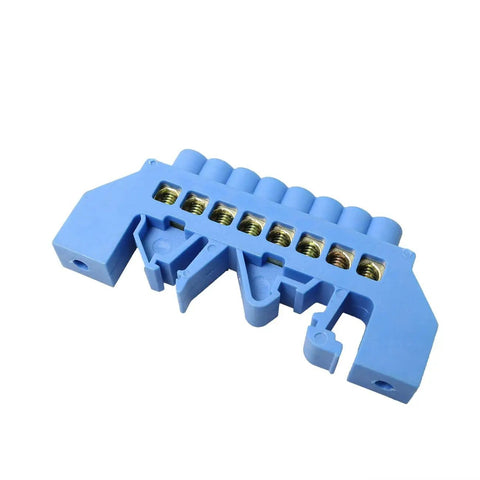 8-Position DIN Rail Screw Terminal Block With Brass Terminals And Copper Contacts Grounding Strip Bottom Seat Snap-In Mount 78 mm Long