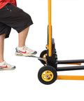 Heavy Duty Hydraulic Manual Lift Stacker With 440 Lb Capacity And Adjustable Forks angled view with foot on pump pedal.