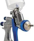 Mini HVLP Gravity Feed Spray Gun FX1000 1.2mm with aluminum cup and blue accents for automotive finishes.