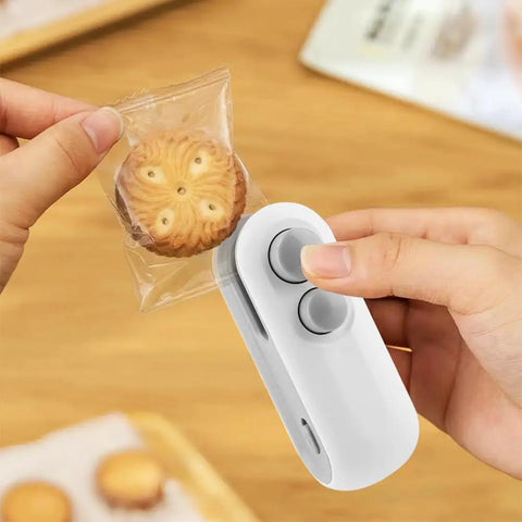 Person using a 2 In 1 Mini Bag Sealer With Cutter And Magnetic Resealer, Rechargeable Heat Seal on a cookie package.