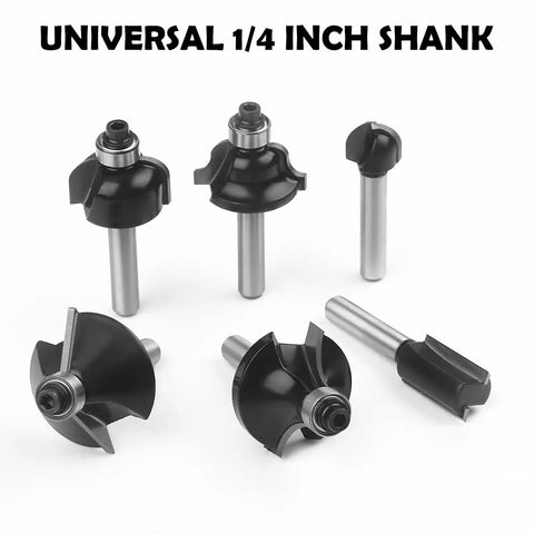 15 Piece One Quarter Inch Shank Tungsten Carbide Router Bit Set with various bits displayed on white background.