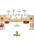 Four pocket mortising template for door jamb strikes and deadbolts with a durable bamboo carrier and center locators diagram.