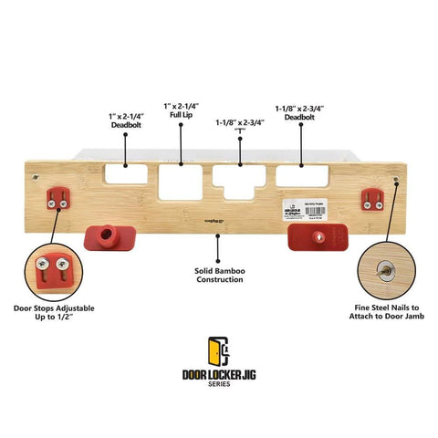 Four pocket mortising template for door jamb strikes and deadbolts with a durable bamboo carrier and center locators diagram.