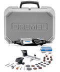Go-To Powerful Rotary Tool Kit With Flex Shaft, 6 Attachments, 50 Accessories, And Case, shown with case and tools.