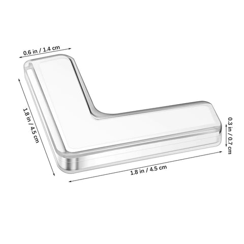 Eight Pack Silicone Corner Protectors for Baby Proofing and Home Safety Edge Guards, transparent, dimensions annotated.