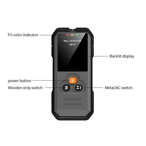 Wall Scanner And Stud Finder With Bright LCD Display For Quick Hit The Spot Accuracy Auto Calibration Straight Shooter Design No Guesswork Setup showing buttons and display.