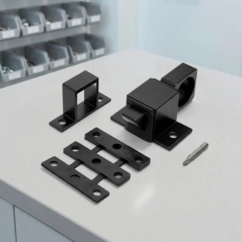 Heavy Duty Spring Loaded Door Latch With Self Closing Pin Design, Smoky Black Aluminum Alloy Gate And Cabinet Lock on table