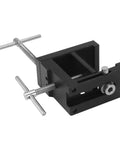 Professional Cabinet Face Frame Clamps Equipped With Exact Drill Guides For Dead Nuts Accurate Fitting And Heavy Duty Rubber Pads To Lock Your Joints Solid While Keeping Surfaces Pristine And Slick, black aluminum clamp showcasing adjustable screws.