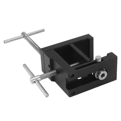 Professional Cabinet Face Frame Clamps Equipped With Exact Drill Guides For Dead Nuts Accurate Fitting And Heavy Duty Rubber Pads To Lock Your Joints Solid While Keeping Surfaces Pristine And Slick, black aluminum clamp showcasing adjustable screws.