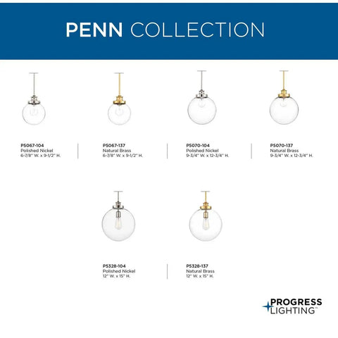 Collection of Clear Glass Farmhouse Pendant Lights in various finishes and dimensions by Progress Lighting Penn Collection.