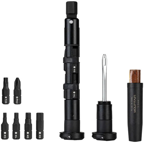 Plug N Tool Mountain Dual Handlebar End Hidden Repair Kits with Tubeless 3.5mm Plug Insertion Tool and Multi Bits displayed