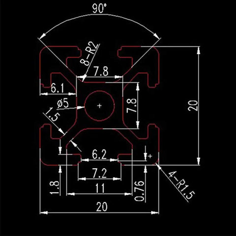 Technical drawing of 20x20 mm T Slot linear rail for Four Pack 300mm T Slot Aluminum Extrusion Linear Rail Kit European Standard Anodized Finish For 3D Printers And CNC DIY Builds Black Eleven Point Eight Inch Length
