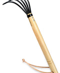 15 Inch Garden Claw Rake With Military Grade Steel Tines And Solid Wood Handle shown with black tines and leather strap