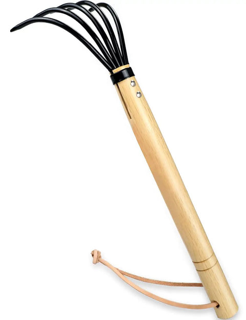 15 Inch Garden Claw Rake With Military Grade Steel Tines And Solid Wood Handle shown with black tines and leather strap