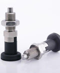 Pro Grade M12 Self Locking Ball Nose Spring Plunger With Knurled Thumb Wheel And Hex Lock Nut for rapid workholding, stainless steel with black handle.