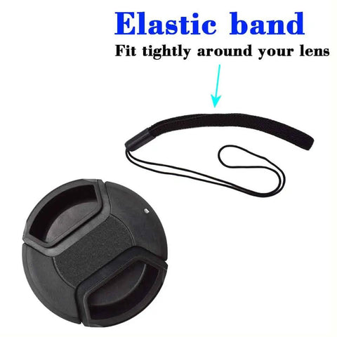 40.5mm Snap On Lens Cap With Keeper For E Mount 16 50mm F3.5 5.6 Lens Not For 16 70mm Lenses Includes Leash Two Pack Center Pinch For Easy Attachment Keeps Your Lens Cleaner And Safer showing elastic band attachment