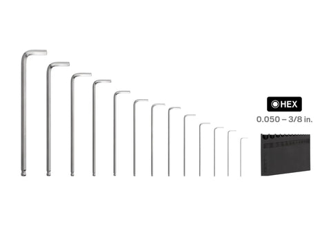 Ball End Hex Key Set, 13-Piece For Off-Center Access With Chamfered Ends To Cut Wear, Includes 0.050 In To 3/8 In Sizes