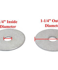 Front view of two stainless steel fender washers; left has 1/4 in inside diameter, right has 1-1/4 in outside diameter.
