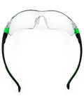 Rock Solid Pair Of Uv Shielding Safety Glasses With Anti Fog Scratch Proof Wraparound Lenses front view with green accents.