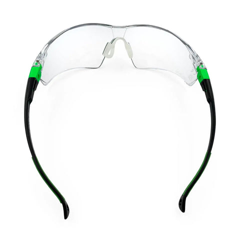 Rock Solid Pair Of Uv Shielding Safety Glasses With Anti Fog Scratch Proof Wraparound Lenses front view with green accents.