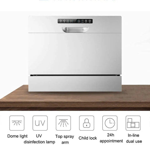 Killer 220V Countertop Dishwasher Dries And Cleans Four Place Settings Fast With Energy Saving Cycle, sleek design with control panel.