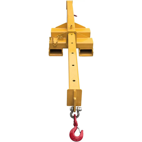 Heavy Duty Bidirectional Telescoping Forklift Jib Boom 5 Ton Crane Attachment with red hook and yellow steel frame.