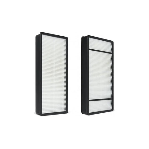 Two vertical Beefed-Up HEPA Replacement Filter With Carbon Pre Filter For Honeywell Air Purifiers, black frame, white pleats