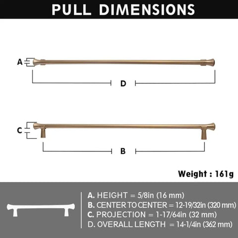 Dimensions diagram of Antique Brass Stainless Steel Cabinet Handles, 320mm length, includes height, projection, and center dimensions.