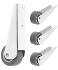 Heavy Duty Sliding Door Casters For Barn Doors And Counters Include Nylon Rollers And Galvanized Brackets For A Butter Smooth Glide Bearing Weight Like A Champ While Staying Whisper Silent Daily, showcasing nylon rollers and steel brackets.