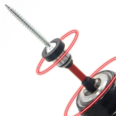 Close-up of Magnetic Drywall Screw Setter Bits Set With Adjustable Depth showing a screw and removable aluminum collar.