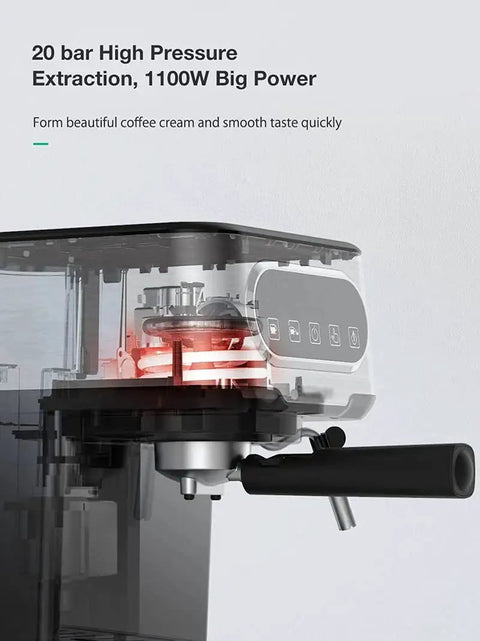 Heavy Duty 20 Bar Coffee Machine With Independent Steam Frother for Silky Lattes showing 20 bar high pressure extraction system.