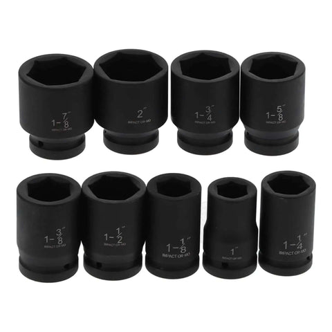 Fresh Nine Piece Deep Impact Wrench Socket Kit For Tough Auto Jobs With High Torque Rating And Etched Size Markings For Quick Easy Grip On Cars And Trucks Today, black iron impact sockets with etched sizes