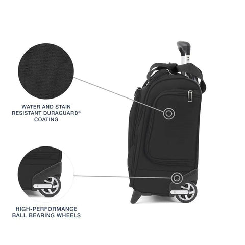 Side view of Softside Underseat Carry On Bag With Wheels Lightweight 15-Inch Luggage For Travel Compact Upright Two-Wheel Roll