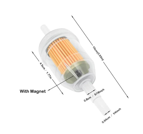 Two Pack Inline Fuel Filter 1/4x5/16 Inch With Clamps, Universal Fit For John Deere Kawasaki Kohler Briggs, clear housing, with magnet