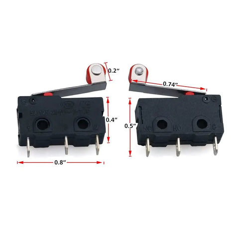 Two Micro Limit Switches with Roller Lever Arm KW12-3 SPDT 1NO 1NC, size 20x10.5x6.5mm, ideal for mice and car electronics.