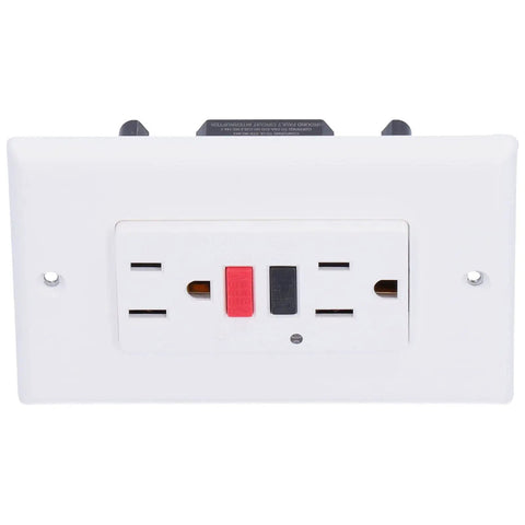 Heavy Hit Smart GFCI Outlet With Built Tough Safety Shutters And Slick 15 Amp 120 V Wall Socket showing the front panel with safety buttons.